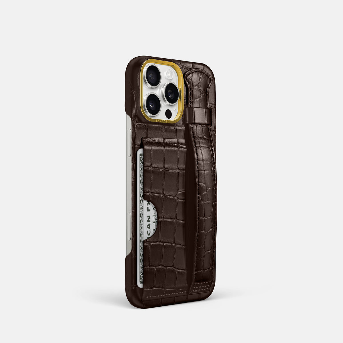 Dark-Brown iPhone 16 Pro Cardholder Strap Case In Alligator with Gold Metal -2 | Dark-Brown-Gold