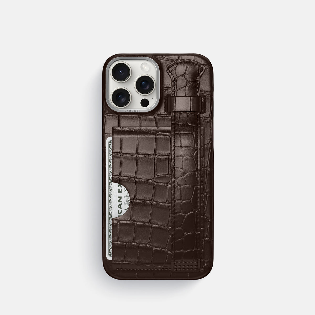 Dark-Brown iPhone 16 Pro Cardholder Strap Case Alligator with Steel Metal -1 | Dark-Brown-Steel