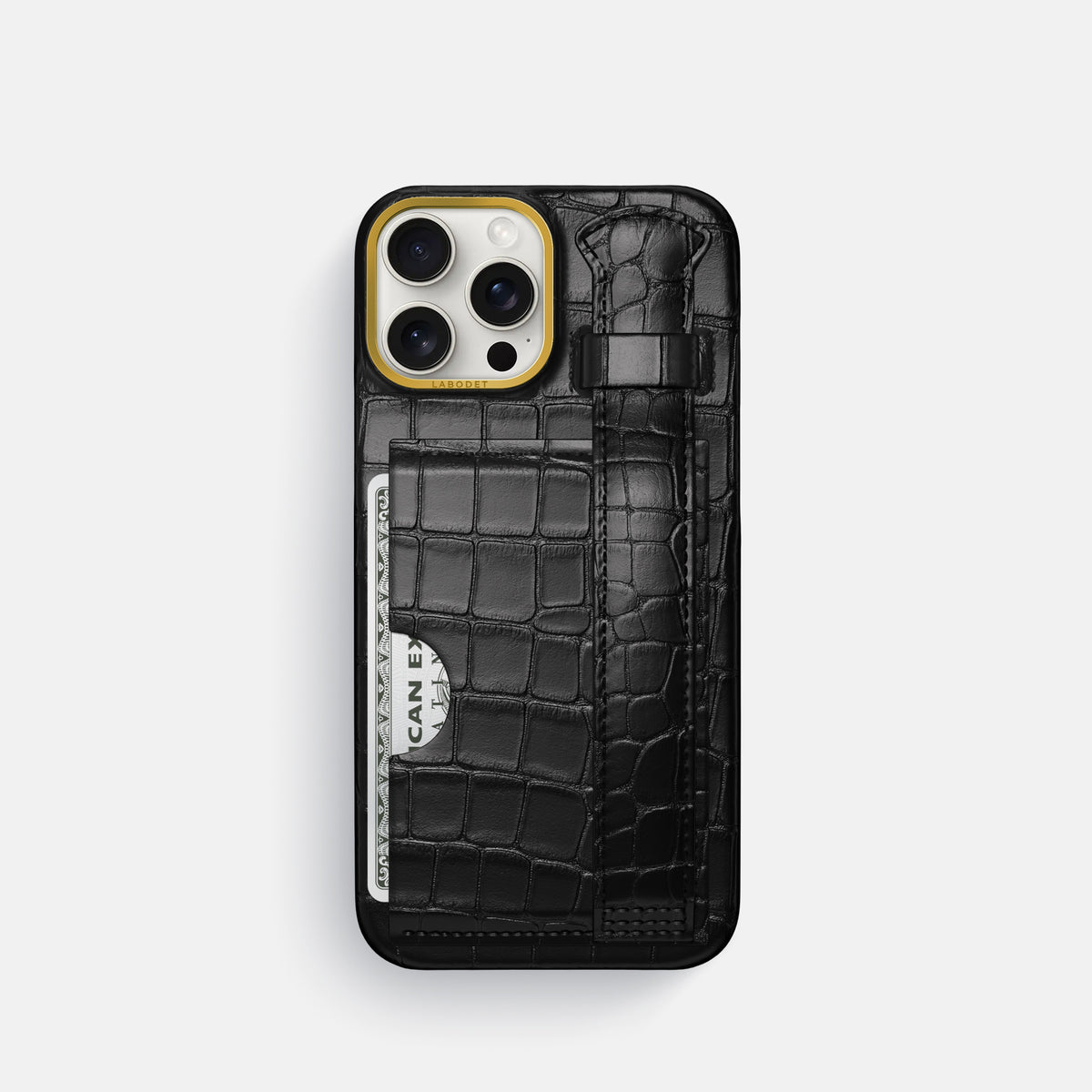 Black iPhone 16 Pro Cardholder Strap Case In Alligator with Gold Metal -1 | Black-Gold