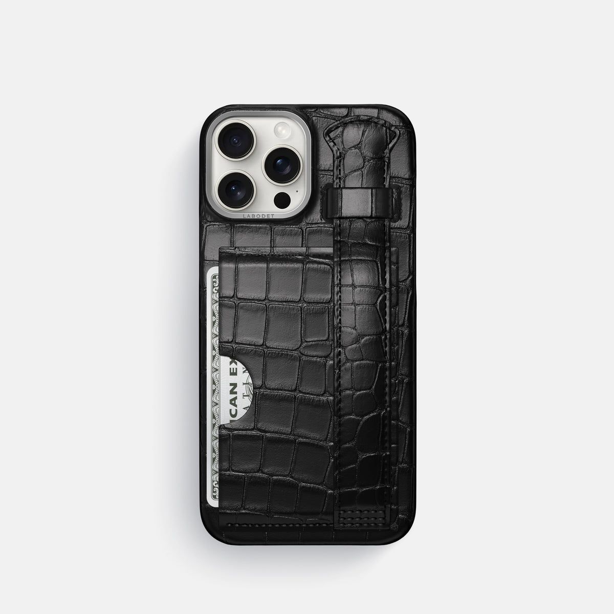 Black iPhone 16 Pro Cardholder Strap Case Alligator with Steel Metal -1 | Black-Steel