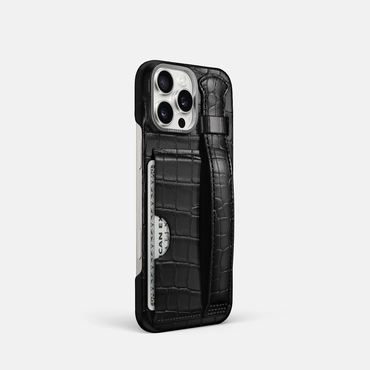 Black iPhone 16 Pro Cardholder Strap Case Alligator with Steel Metal -2 | Black-Steel