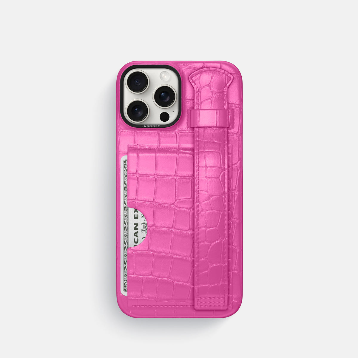 Fuchsia iPhone 16 Pro Cardholder Strap Case Alligator with Black Metal -1 | Fuchsia-Black