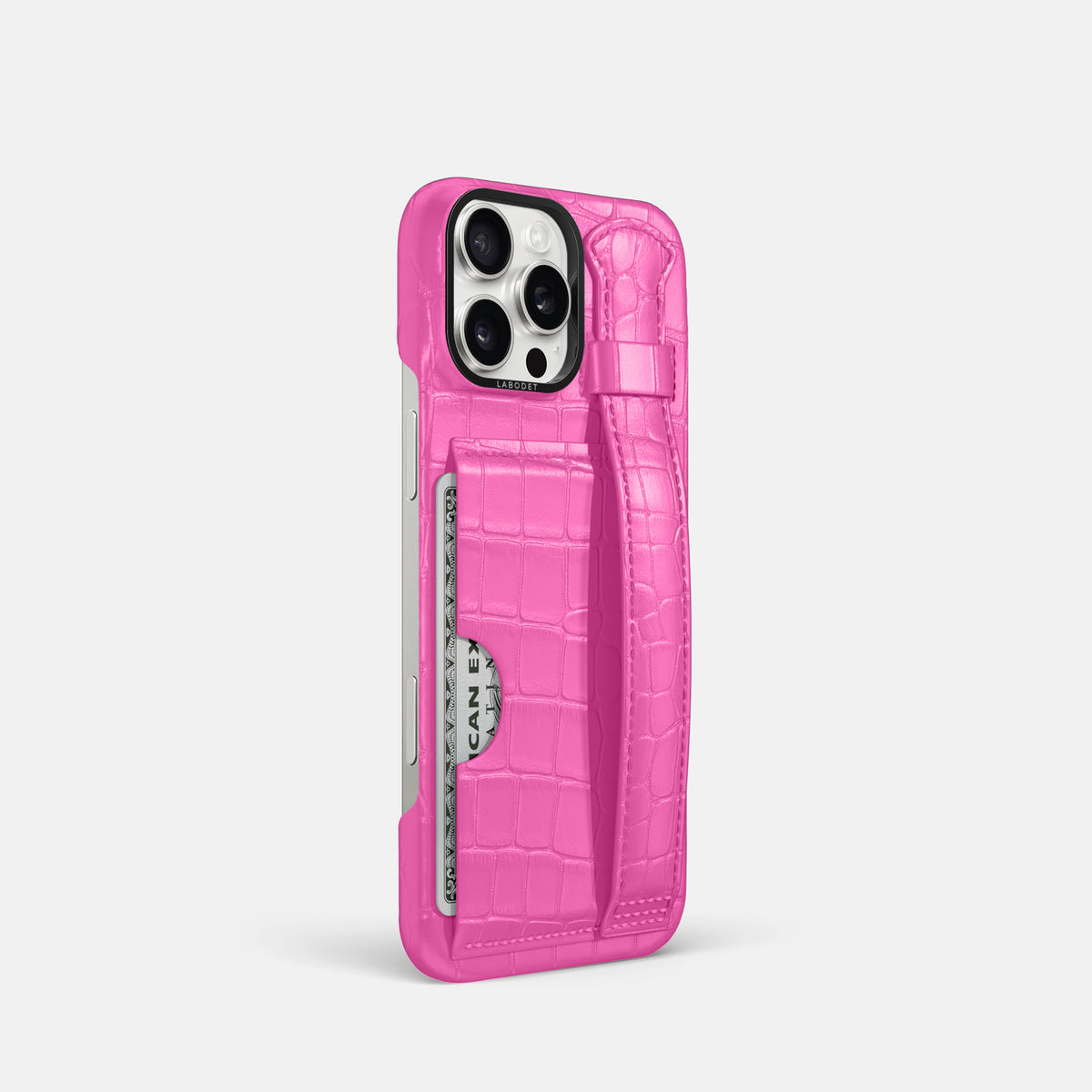 Fuchsia iPhone 16 Pro Cardholder Strap Case Alligator with Black Metal -2 | Fuchsia-Black
