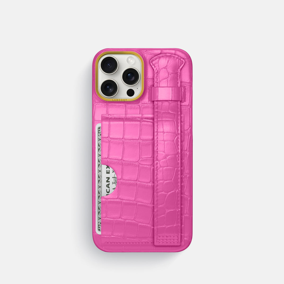 Fuchsia iPhone 16 Pro Cardholder Strap Case In Alligator with Gold Metal -1 | Fuchsia-Gold