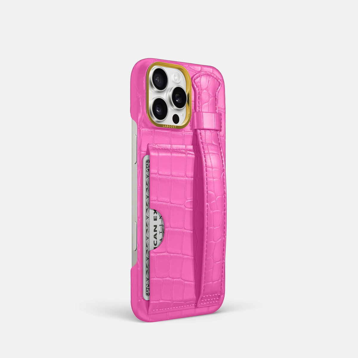 Fuchsia iPhone 16 Pro Cardholder Strap Case In Alligator with Gold Metal -2 | Fuchsia-Gold