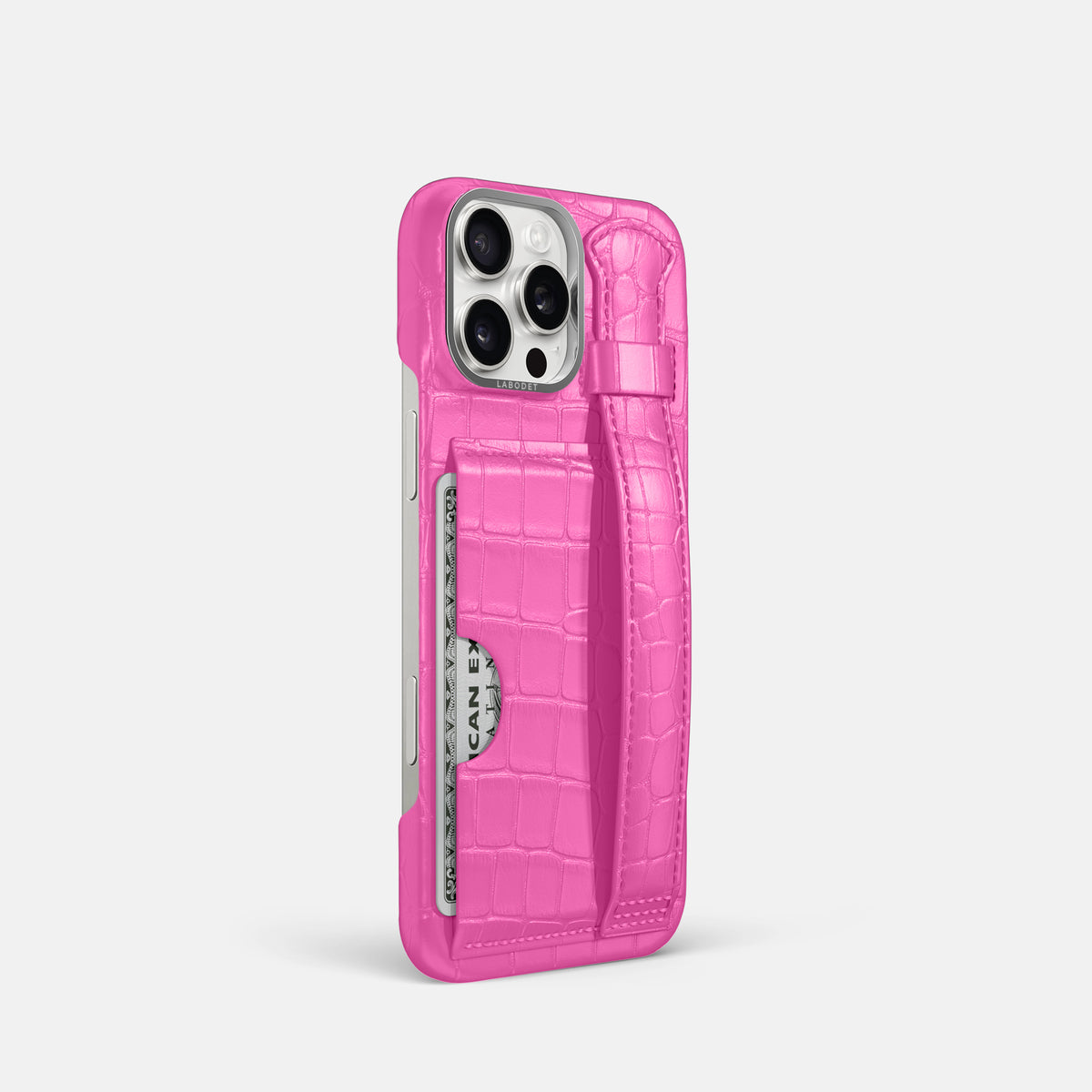 Fuchsia iPhone 16 Pro Cardholder Strap Case Alligator with Steel Metal -2 | Fuchsia-Steel