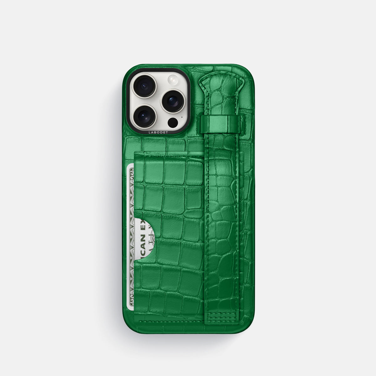 Forest-Green iPhone 16 Pro Cardholder Strap Case In Alligator with Black Metal -1 | Forest-Green-Black