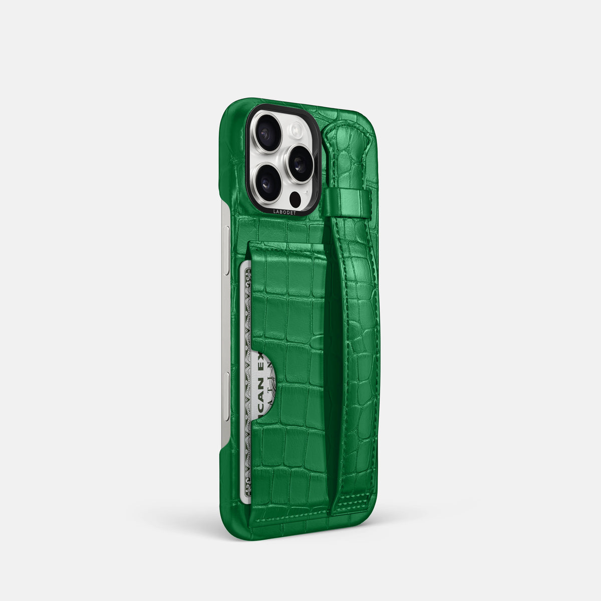 Forest-Green iPhone 16 Pro Cardholder Strap Case In Alligator with Black Metal -2 | Forest-Green-Black