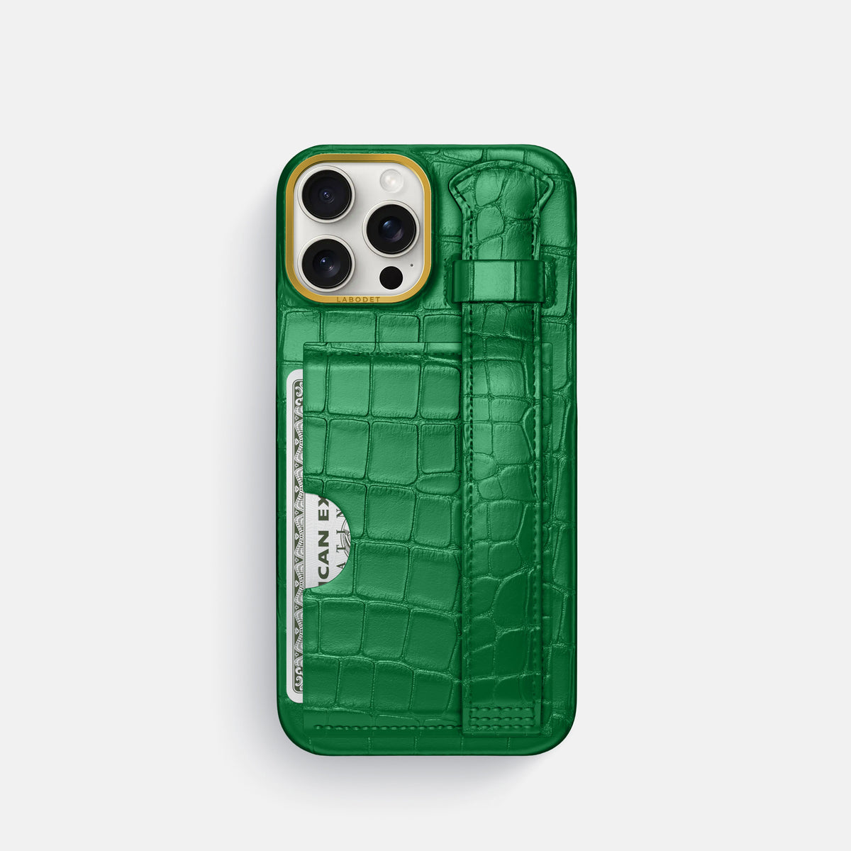 Forest-Green iPhone 16 Pro Cardholder Strap Case In Alligator with Gold Metal -1 | Forest-Green-Gold