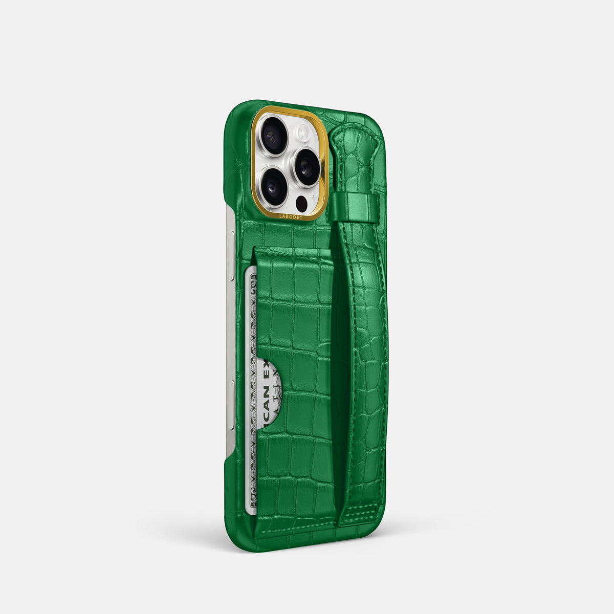 Forest-Green iPhone 16 Pro Cardholder Strap Case In Alligator with Gold Metal -2 | Forest-Green-Gold