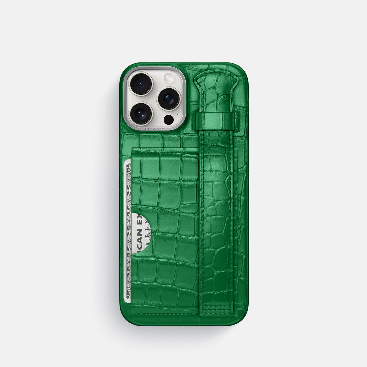 Forest-Green iPhone 16 Pro Cardholder Strap Case In Alligator with Steel Metal -1 | Forest-Green-Steel