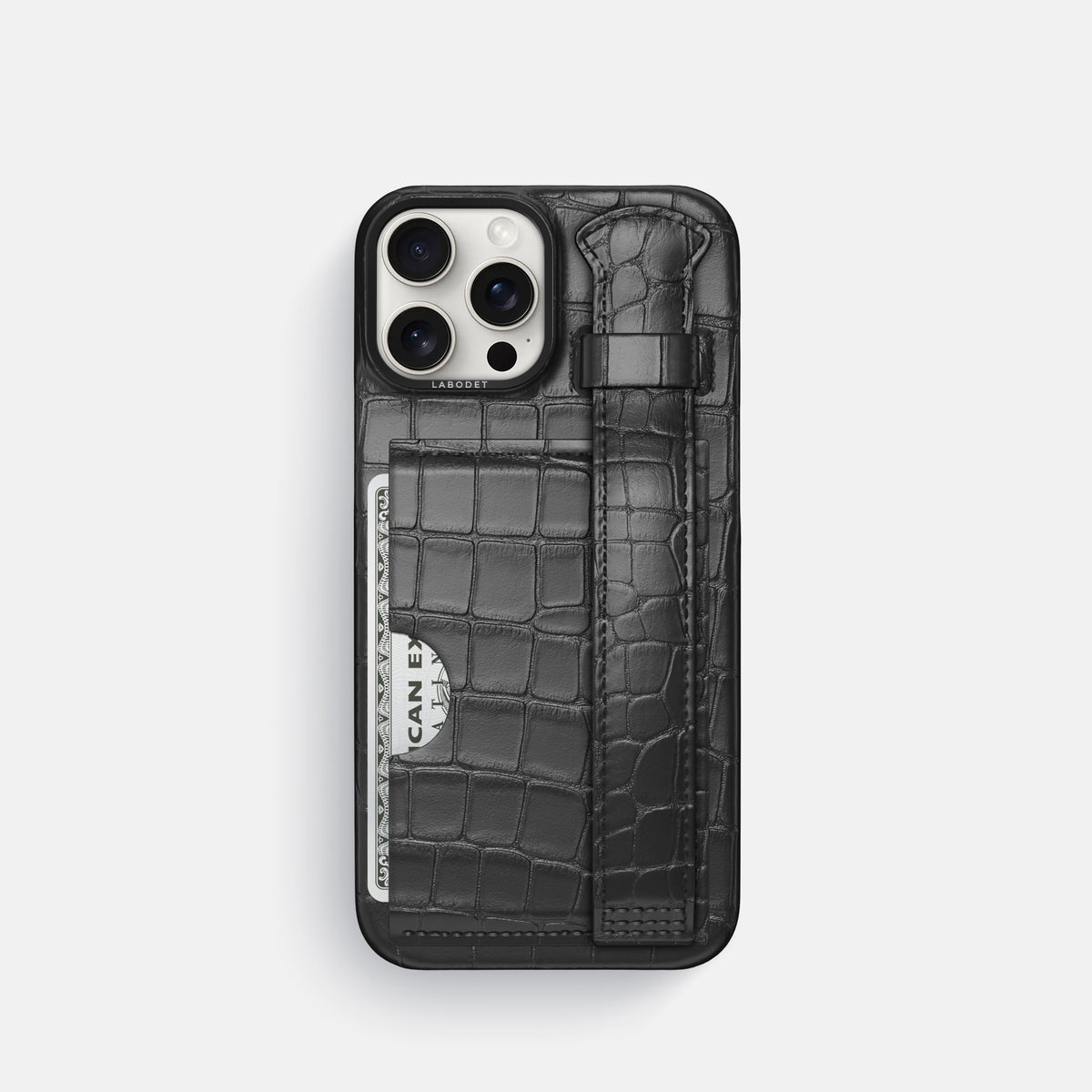 Grey iPhone 16 Pro Cardholder Strap Case Alligator with Black Metal -1 | Grey-Black
