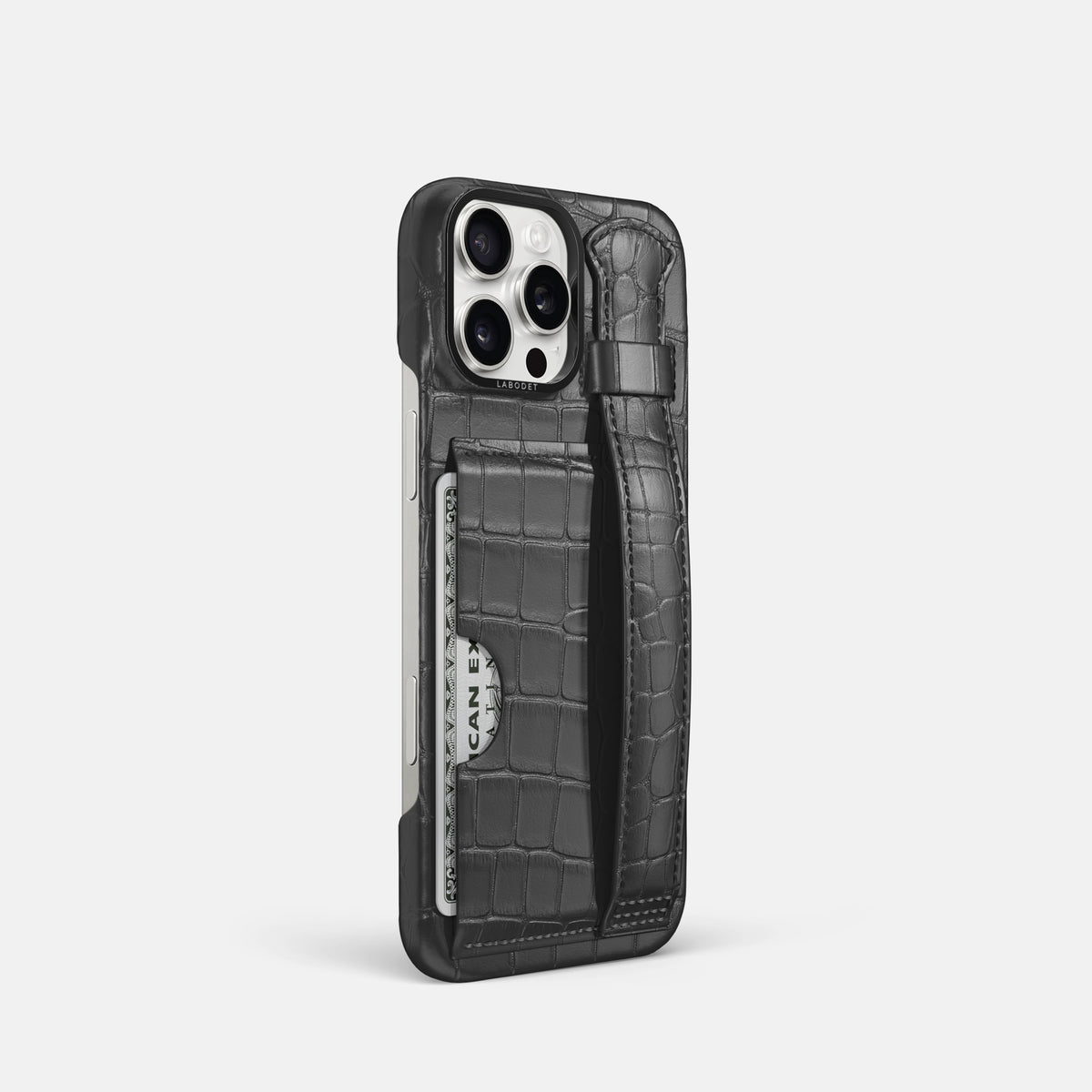 Grey iPhone 16 Pro Cardholder Strap Case Alligator with Black Metal -2 | Grey-Black