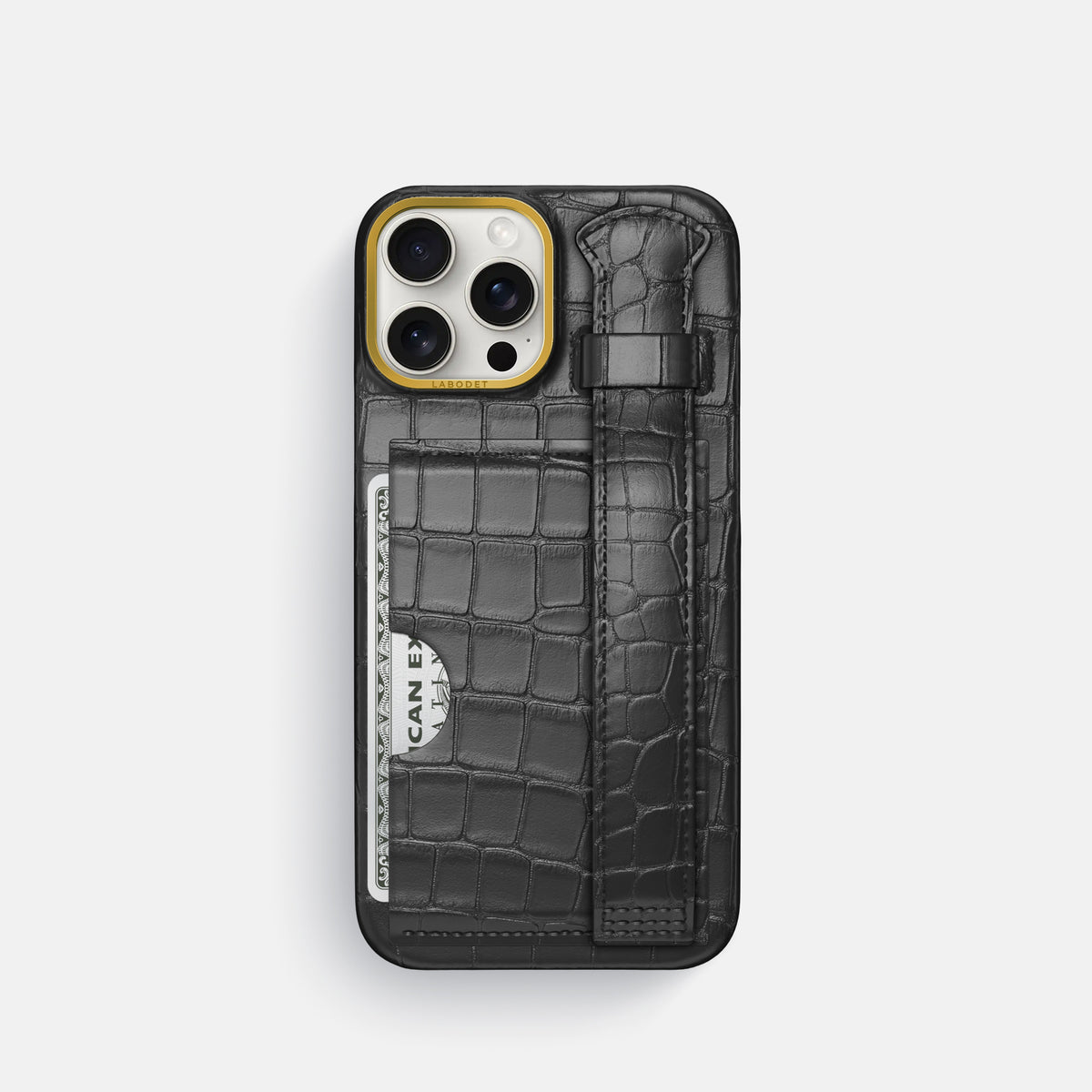 Grey iPhone 16 Pro Cardholder Strap Case In Alligator with Gold Metal -1 | Grey-Gold