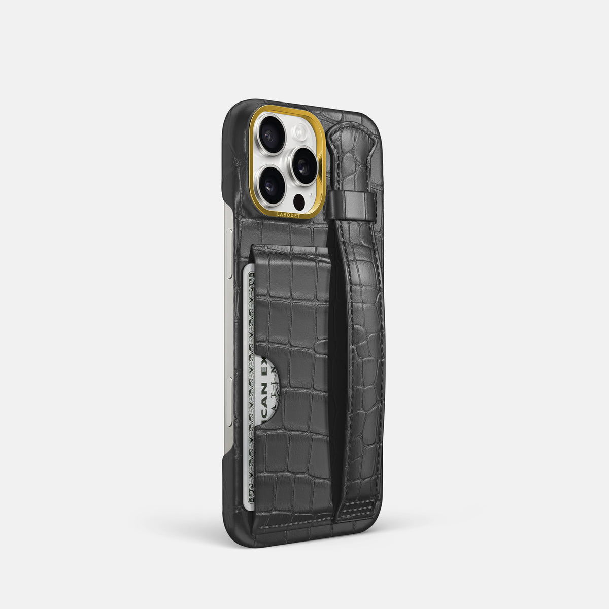 Grey iPhone 16 Pro Cardholder Strap Case In Alligator with Gold Metal -2 | Grey-Gold
