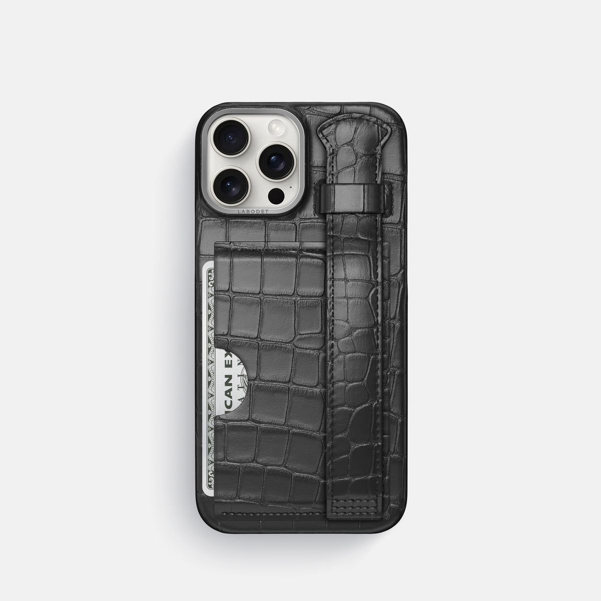 Grey iPhone 16 Pro Cardholder Strap Case Alligator with Steel Metal -1 | Grey-Steel
