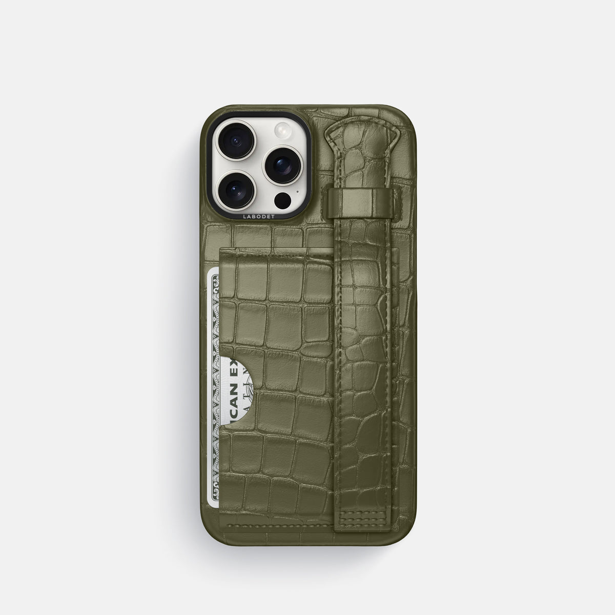 Kaki-Green iPhone 16 Pro Cardholder Strap Case Alligator with Black Metal -1 | Kaki-Green-Black