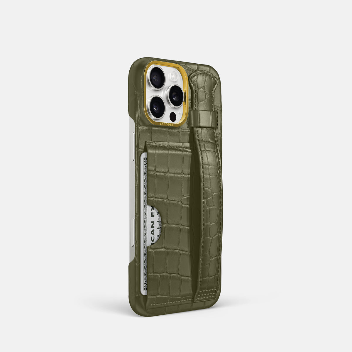 Kaki-Green iPhone 16 Pro Cardholder Strap Case In Alligator with Gold Metal -2 | Kaki-Green-Gold