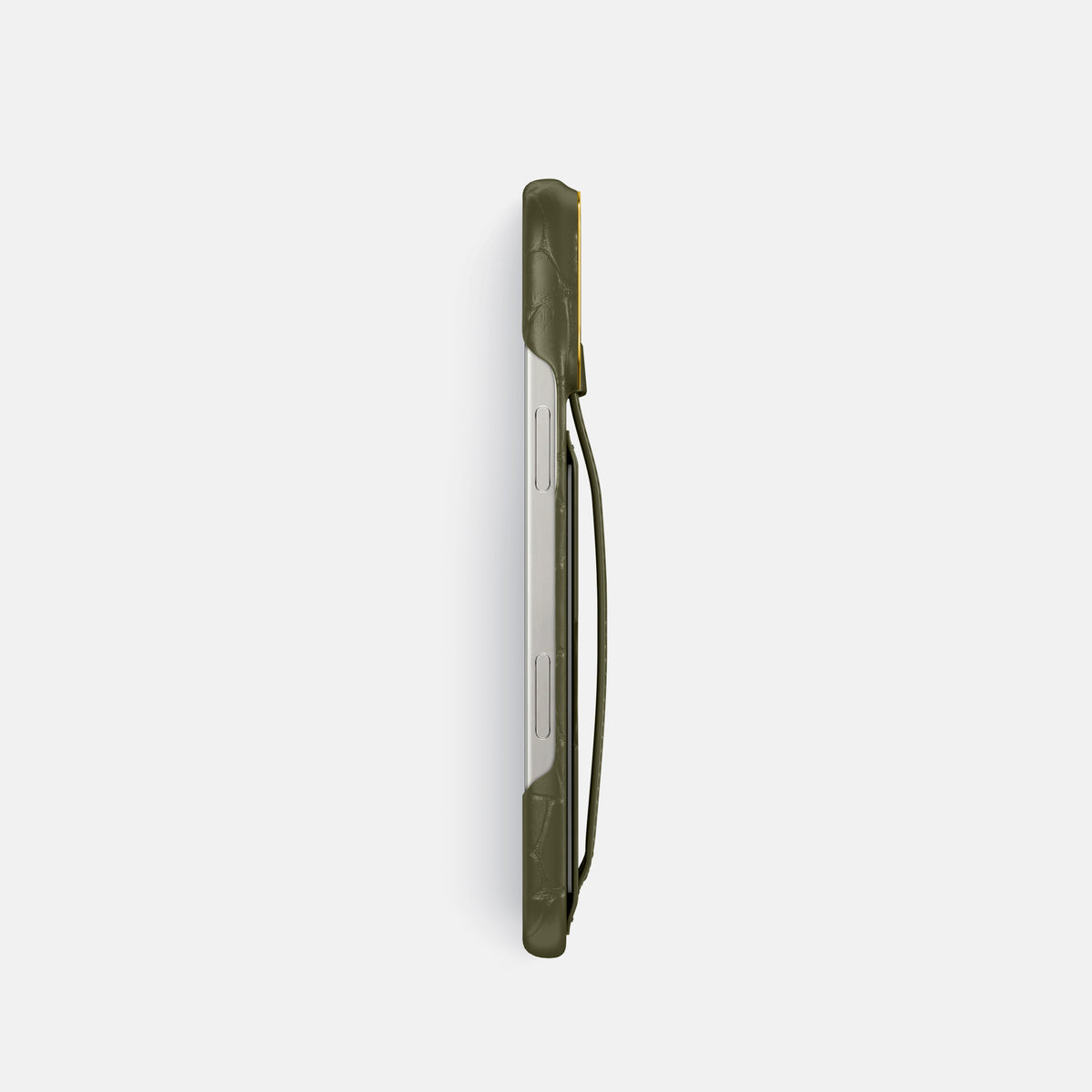 Kaki-Green iPhone 16 Pro Cardholder Strap Case In Alligator with Gold Metal -3 | Kaki-Green-Gold