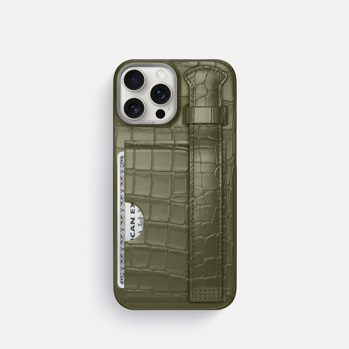 Kaki-Green iPhone 16 Pro Cardholder Strap Case Alligator with Steel Metal -1 | Kaki-Green-Steel