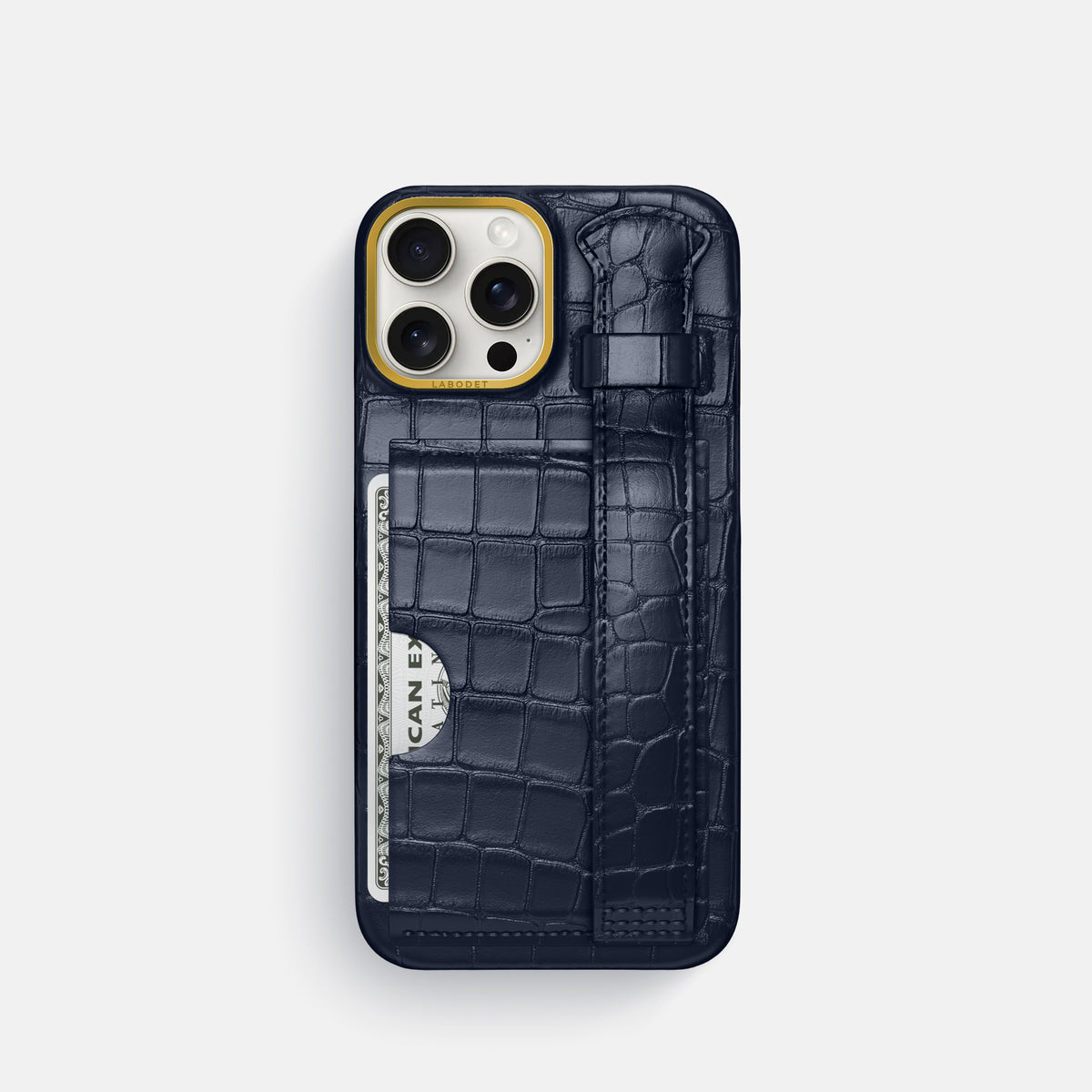 Navy Blue iPhone 16 Pro Cardholder Strap Case In Alligator with Gold Metal -1 | Navy-Blue-Gold