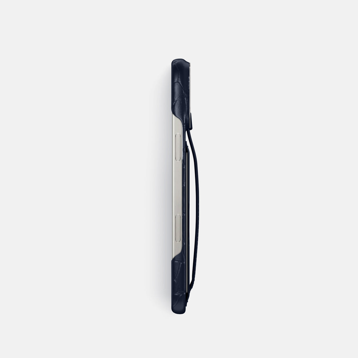 Navy Blue iPhone 16 Pro Cardholder Strap Case Alligator with Steel Metal -3 | Navy-Blue-Steel