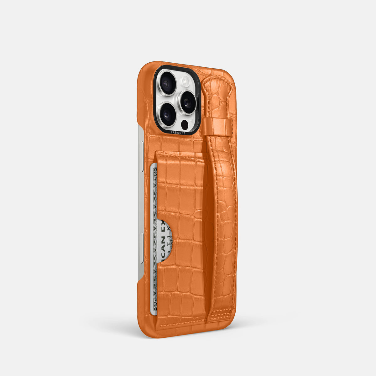 Orange iPhone 16 Pro Cardholder Strap Case Alligator with Black Metal -2 | Orange-Black