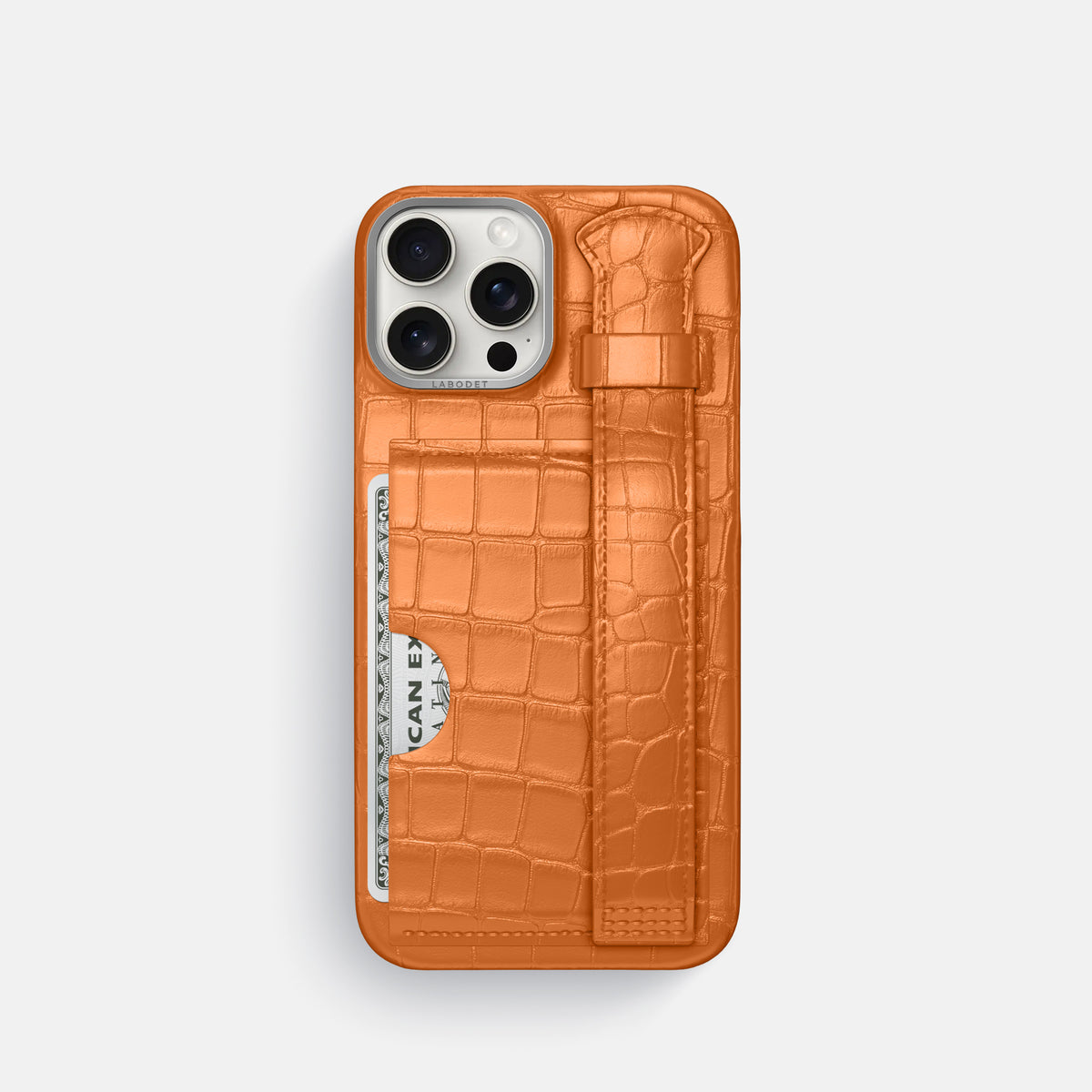 Orange iPhone 16 Pro Cardholder Strap Case Alligator with Steel Metal -1 | Orange-Steel