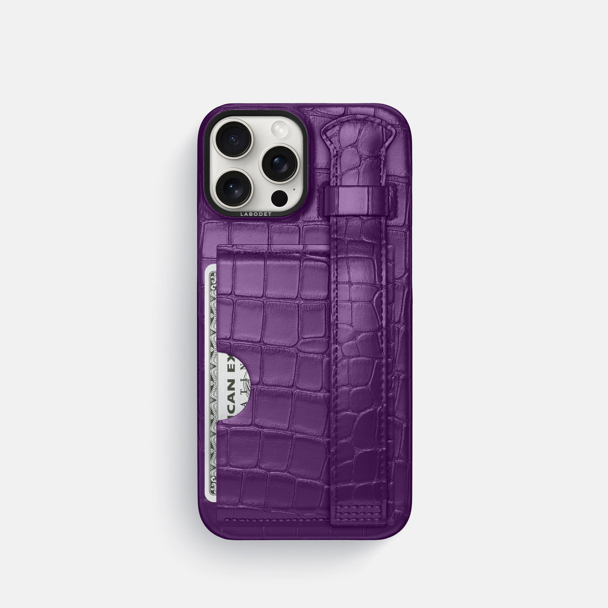 Purple iPhone 16 Pro Cardholder Strap Case Alligator with Black Metal -1 | Purple-Black