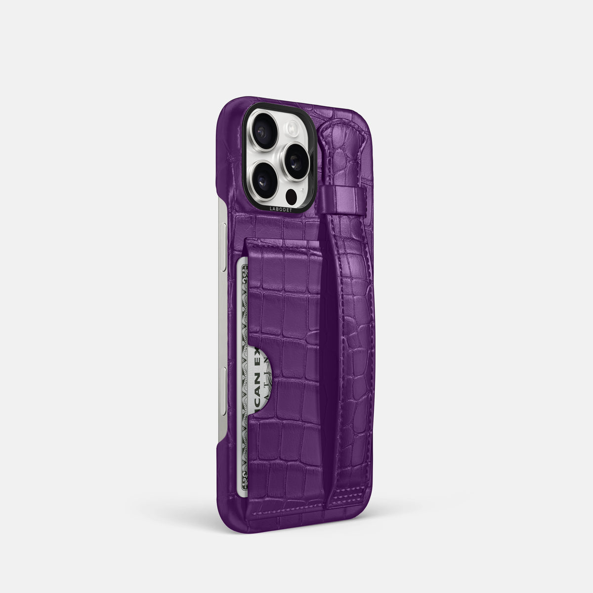 Purple iPhone 16 Pro Cardholder Strap Case Alligator with Black Metal -2 | Purple-Black