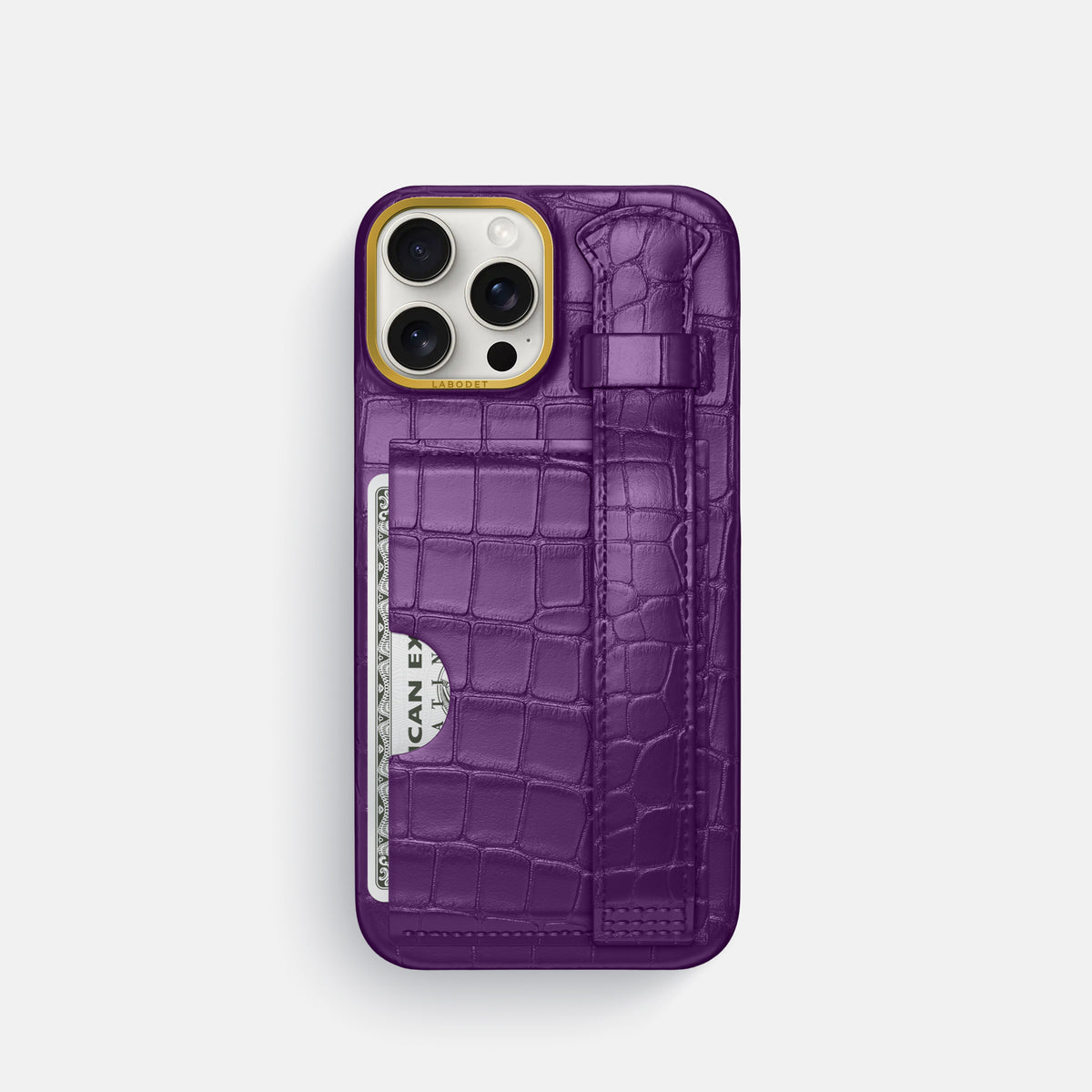 Purple iPhone 16 Pro Cardholder Strap Case In Alligator with Gold Metal -1 | Purple-Gold