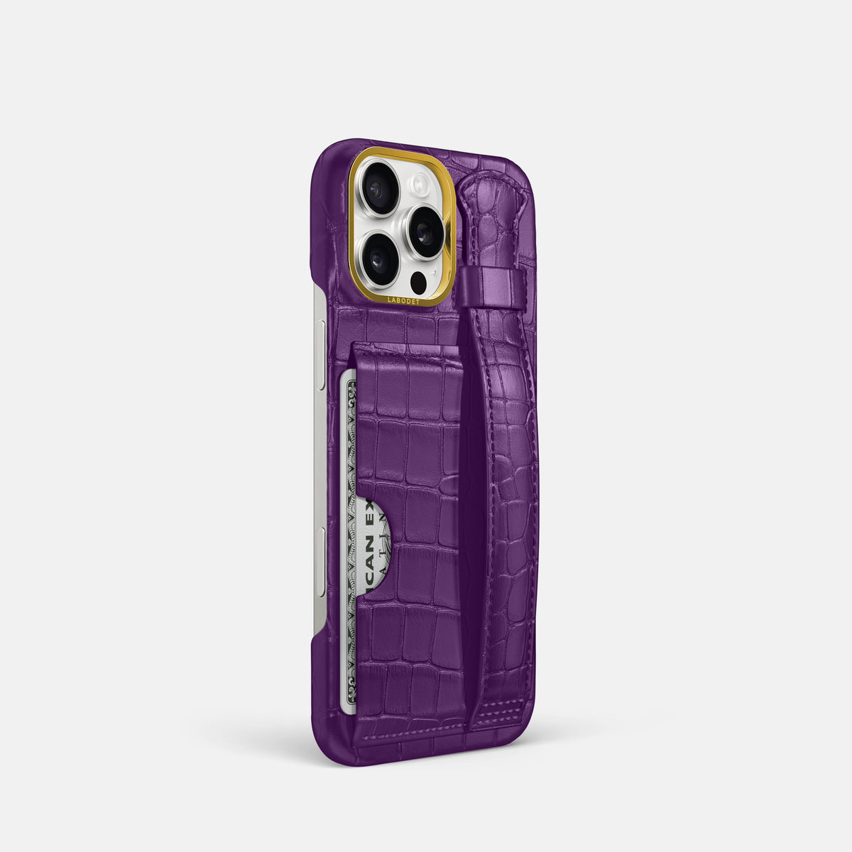 Purple iPhone 16 Pro Cardholder Strap Case In Alligator with Gold Metal -2 | Purple-Gold
