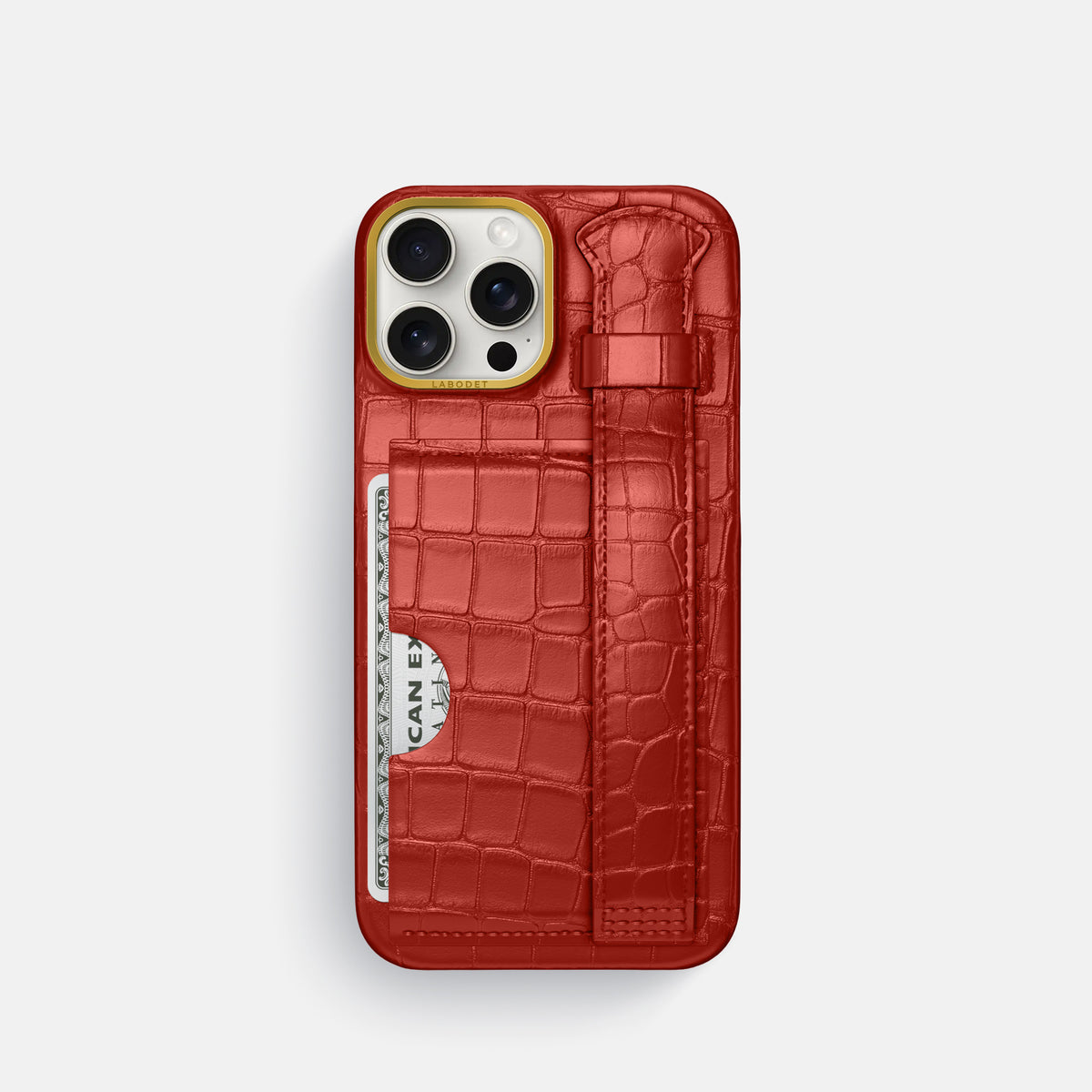 Red iPhone 16 Pro Cardholder Strap Case In Alligator with Gold Metal -1 | Red-Gold