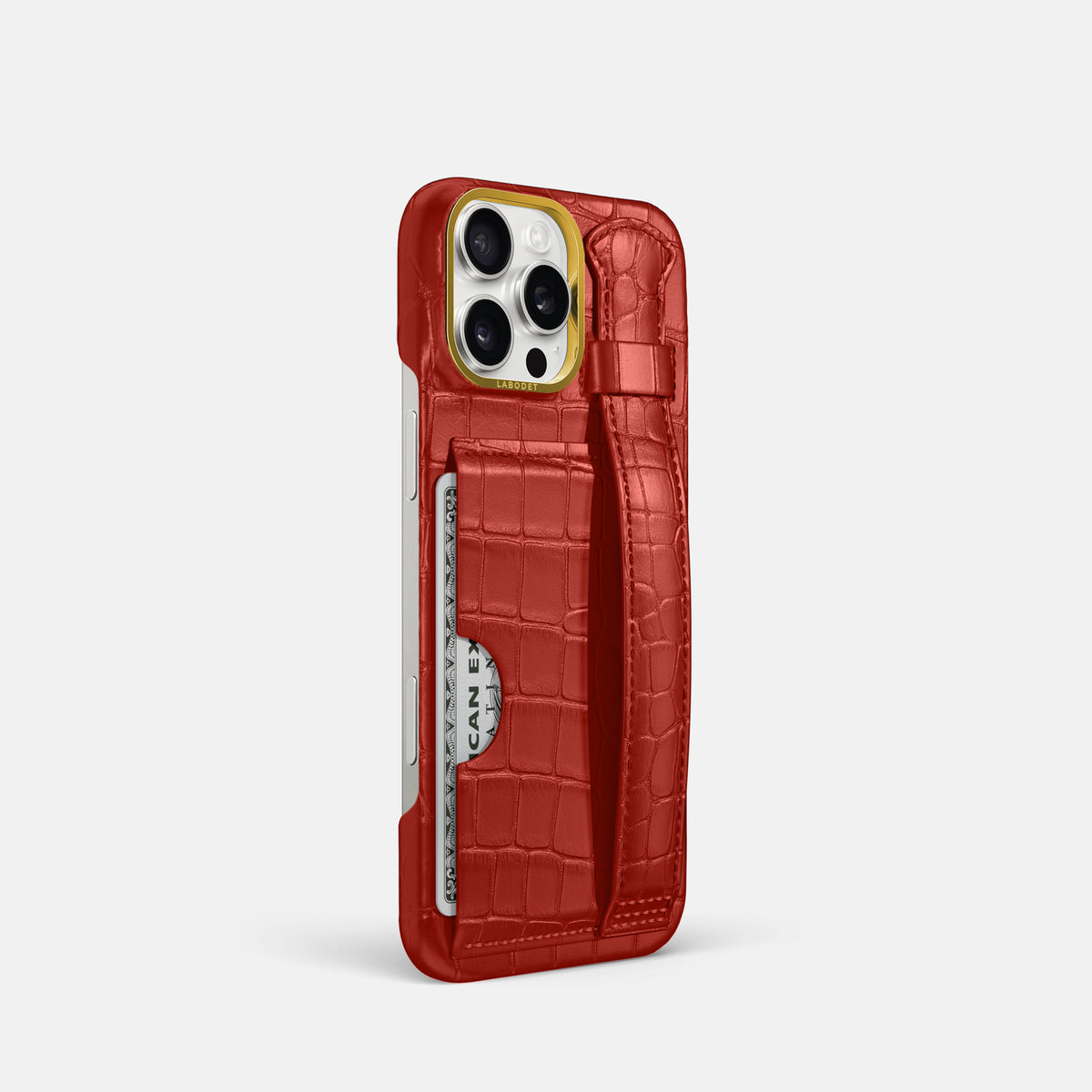 Red iPhone 16 Pro Cardholder Strap Case In Alligator with Gold Metal -2 | Red-Gold