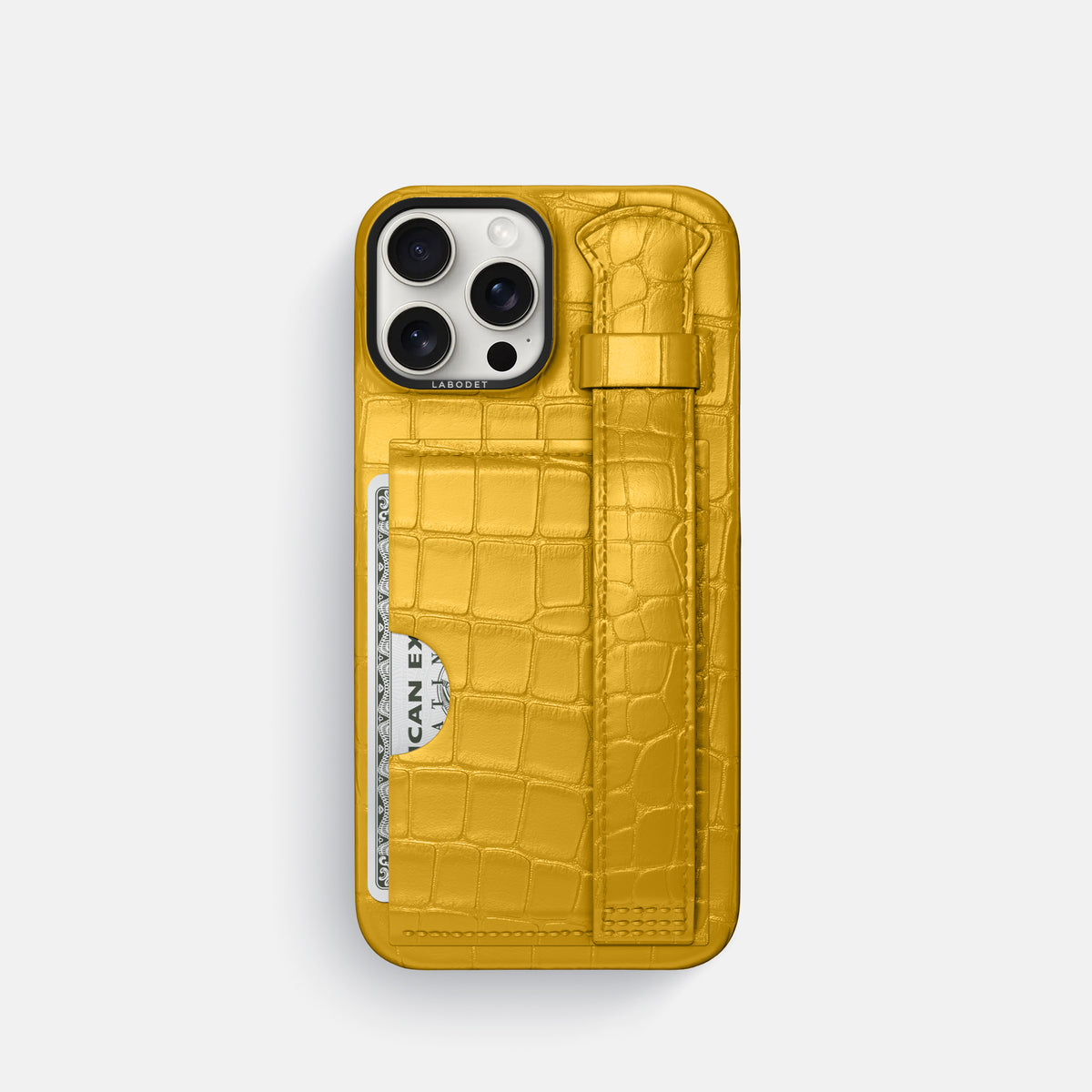 Yellow iPhone 16 Pro Cardholder Strap Case Alligator with Black Metal -1 | Yellow-Black