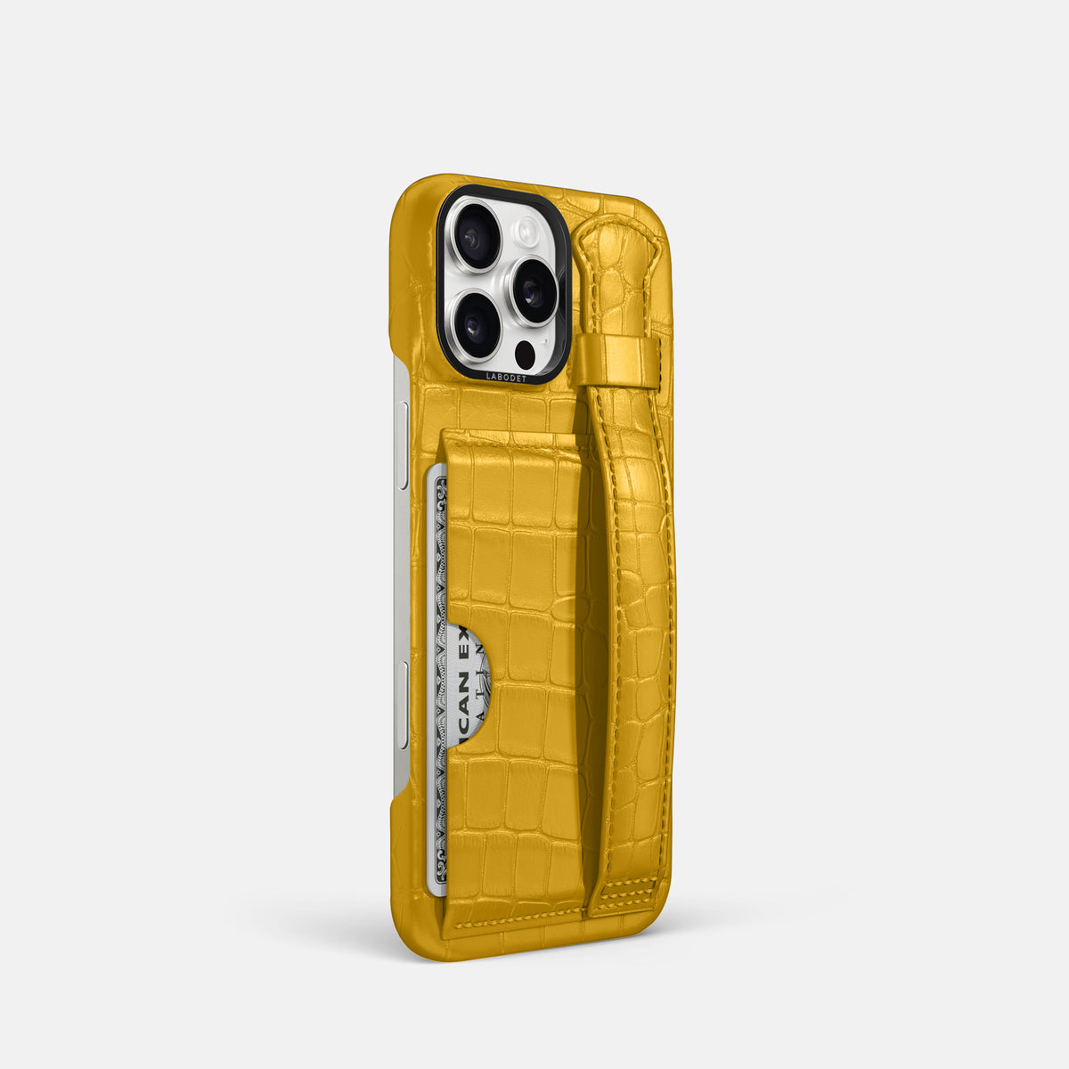 Yellow iPhone 16 Pro Cardholder Strap Case Alligator with Black Metal -2 | Yellow-Black