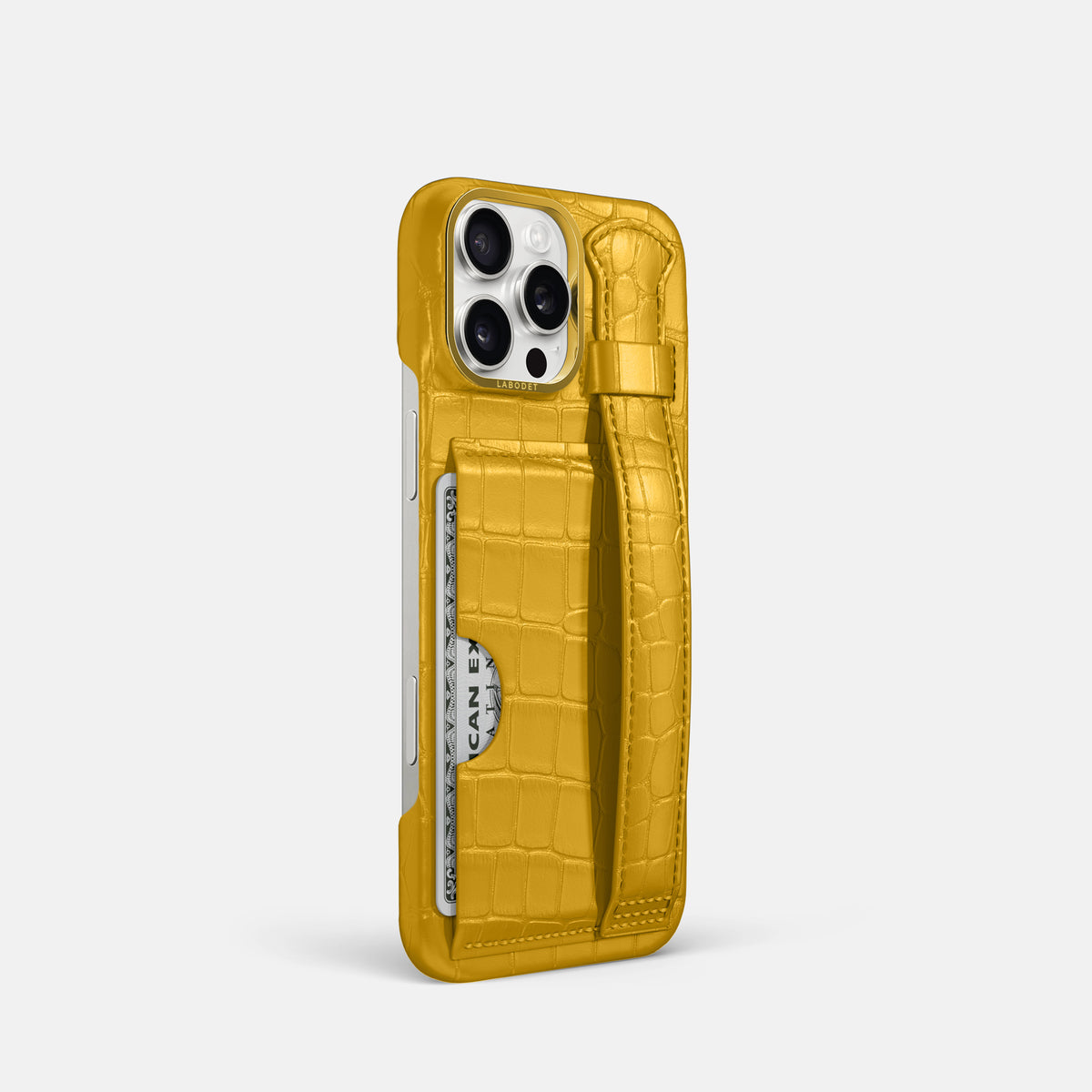 Yellow iPhone 16 Pro Cardholder Strap Case In Alligator with Gold Metal -2 | Yellow-Gold