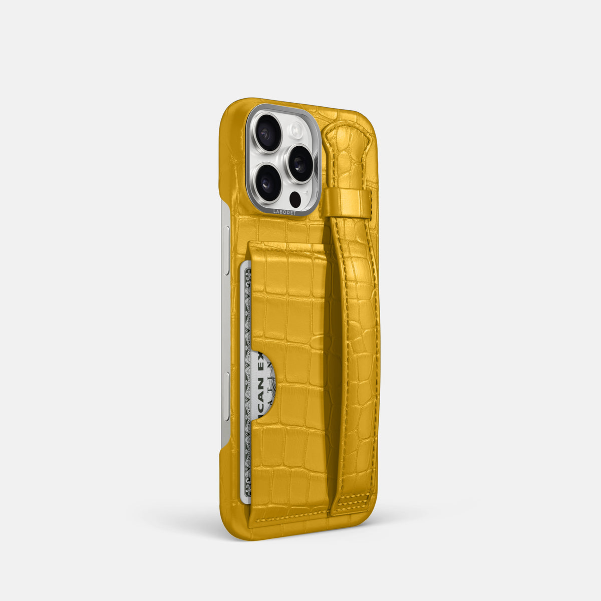 Yellow iPhone 16 Pro Cardholder Strap Case Alligator with Steel Metal -2 | Yellow-Steel