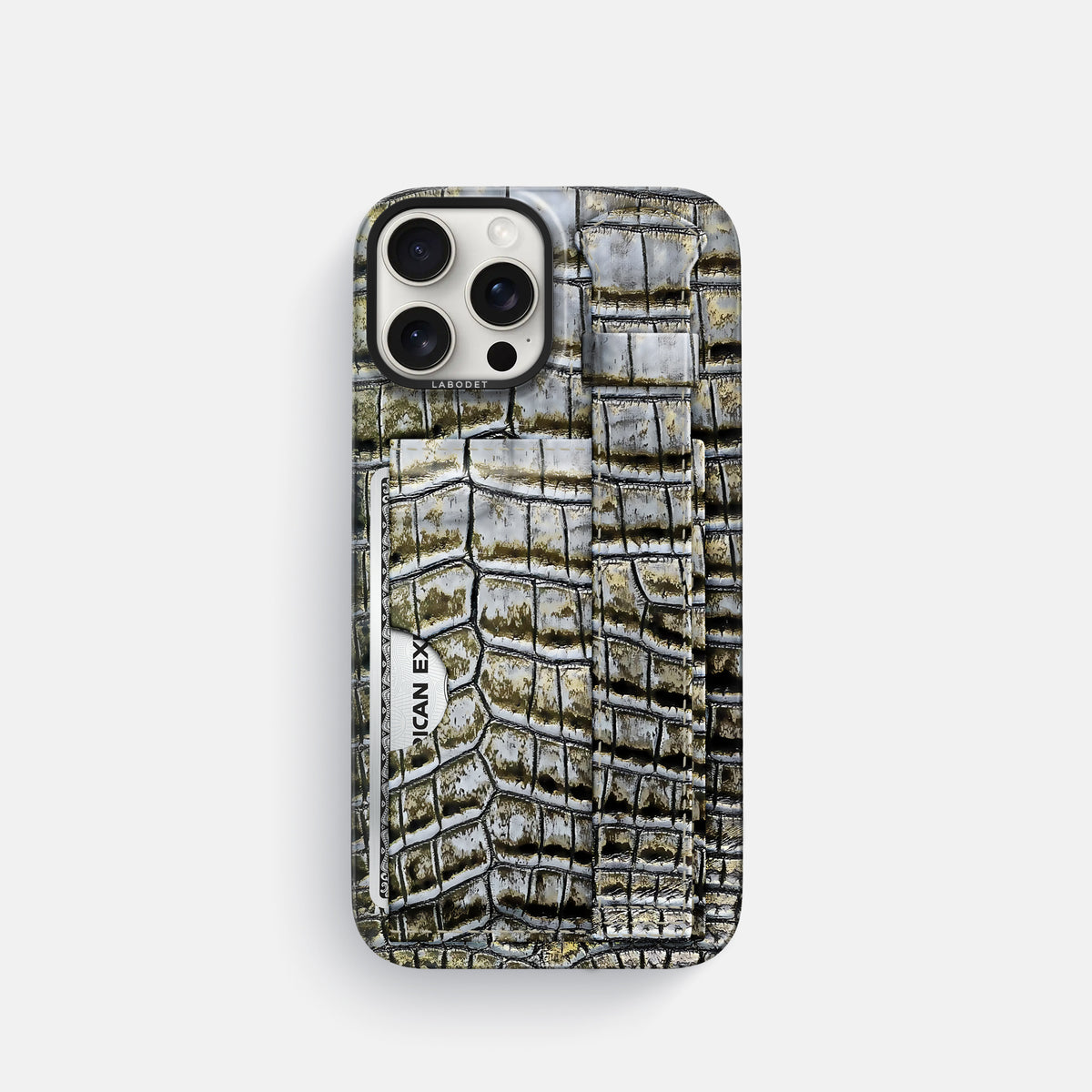 Antique-Bronze iPhone 16 Pro Cardholder Strap Himalayan Crocodile with Black Metal -1 | Antique-Bronze-Black