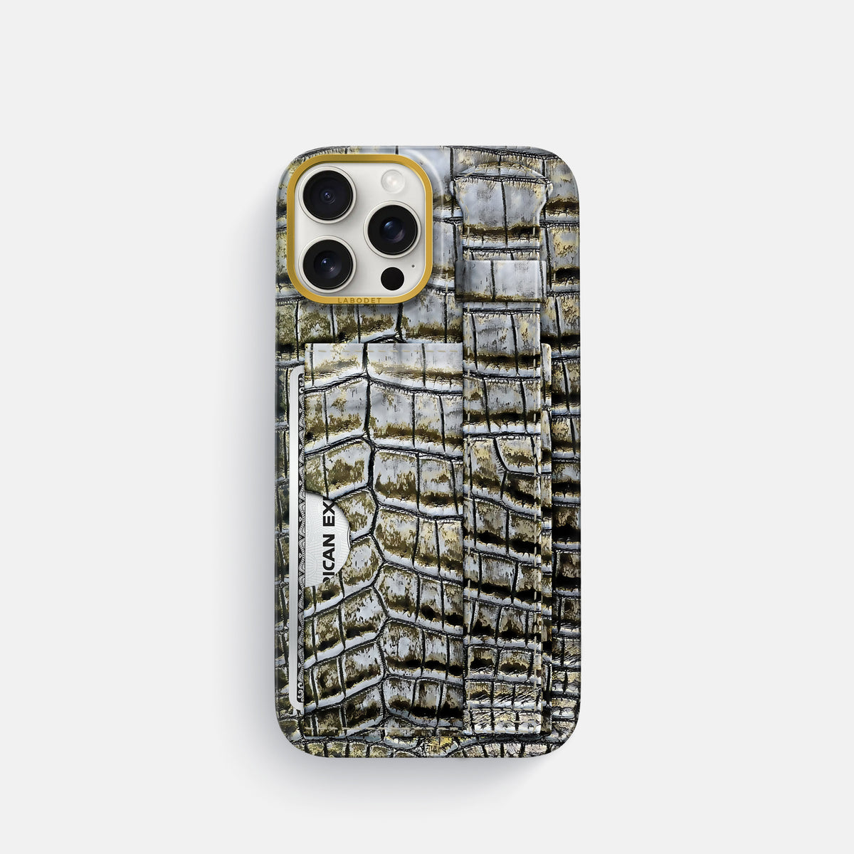 Antique-Bronze iPhone 16 Pro Cardholder Strap Himalayan Crocodile with Gold Metal -1 | Antique-Bronze-Gold