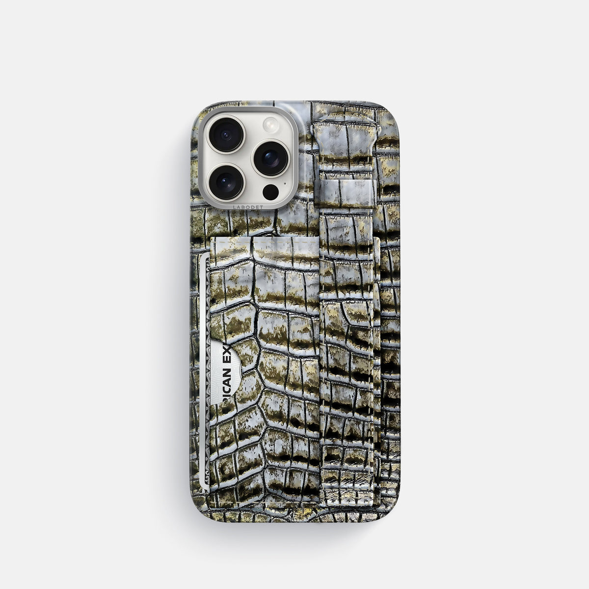 Antique-Bronze iPhone 16 Pro Cardholder Strap Himalayan Crocodile with Steel Metal -1 | Antique-Bronze-Steel