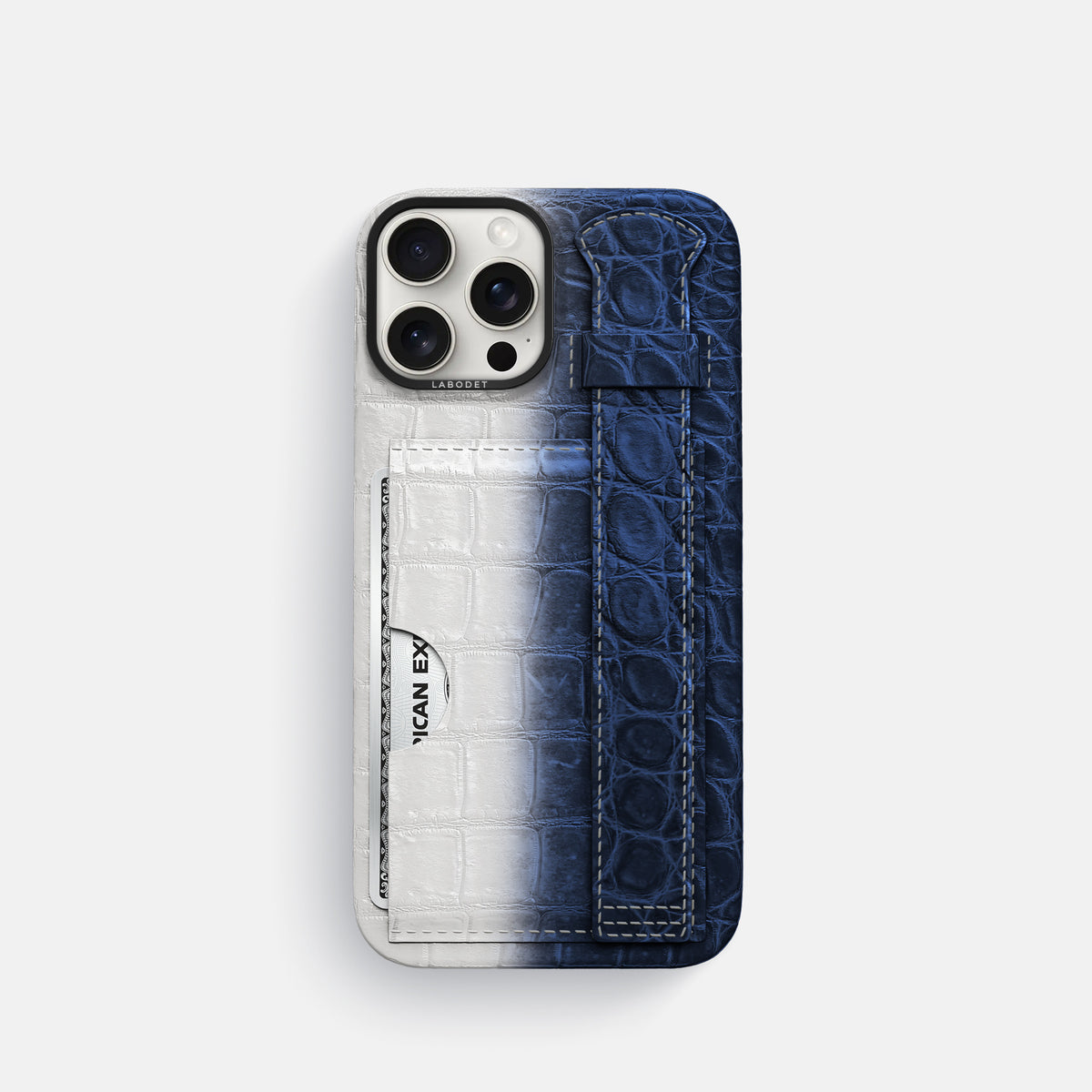 Navy Blue iPhone 16 Pro Cardholder Strap Himalayan Crocodile with Black Metal -1 | Navy-Blue-Black
