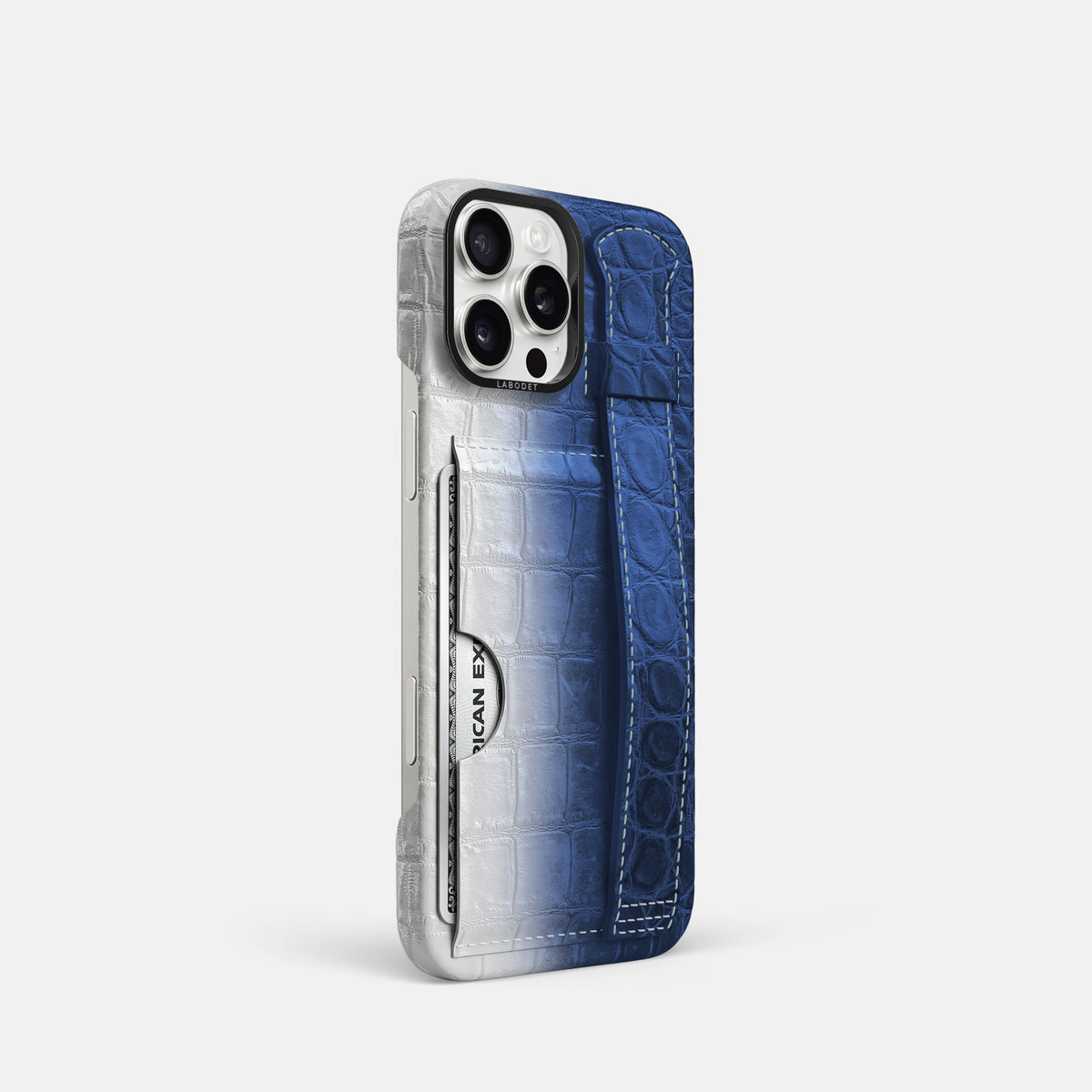 Navy Blue iPhone 16 Pro Cardholder Strap Himalayan Crocodile with Black Metal -2 | Navy-Blue-Black