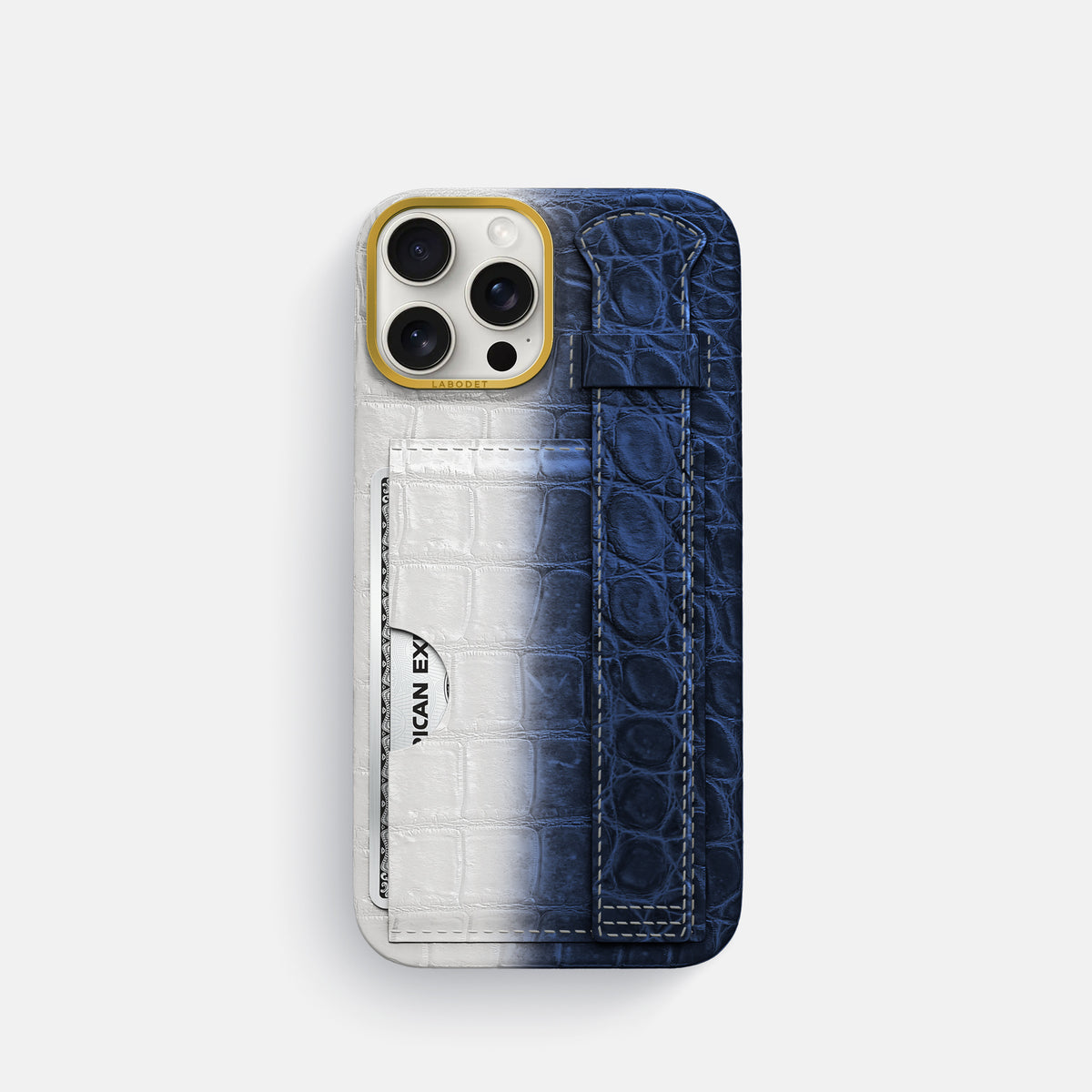 Navy Blue iPhone 16 Pro Cardholder Strap Himalayan Crocodile with Gold Metal -1 | Navy-Blue-Gold