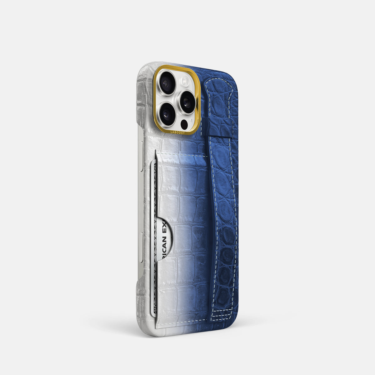 Navy Blue iPhone 16 Pro Cardholder Strap Himalayan Crocodile with Gold Metal -2 | Navy-Blue-Gold
