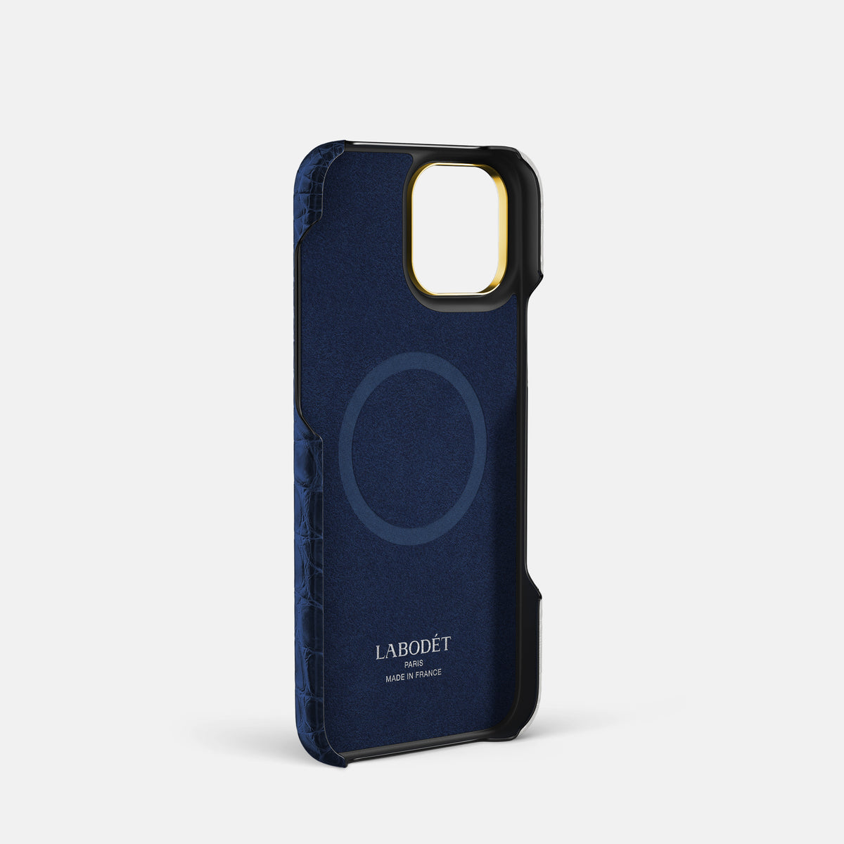 Navy Blue iPhone 16 Pro Cardholder Strap Himalayan Crocodile with Gold Metal -4 | Navy-Blue-Gold