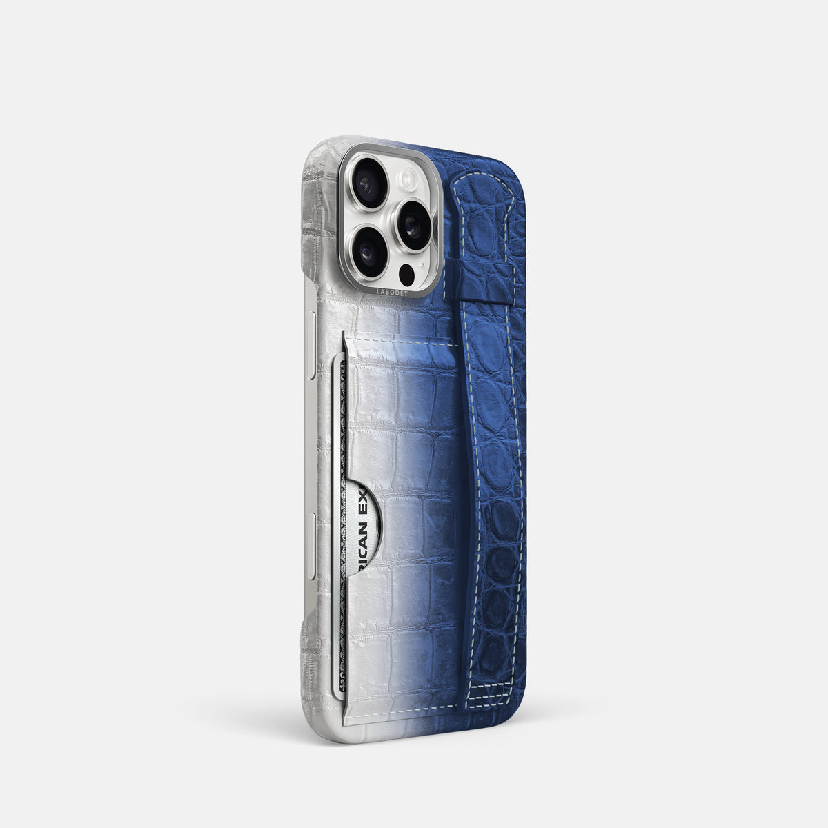 Navy Blue iPhone 16 Pro Cardholder Strap Himalayan Crocodile with Steel Metal -2 | Navy-Blue-Steel