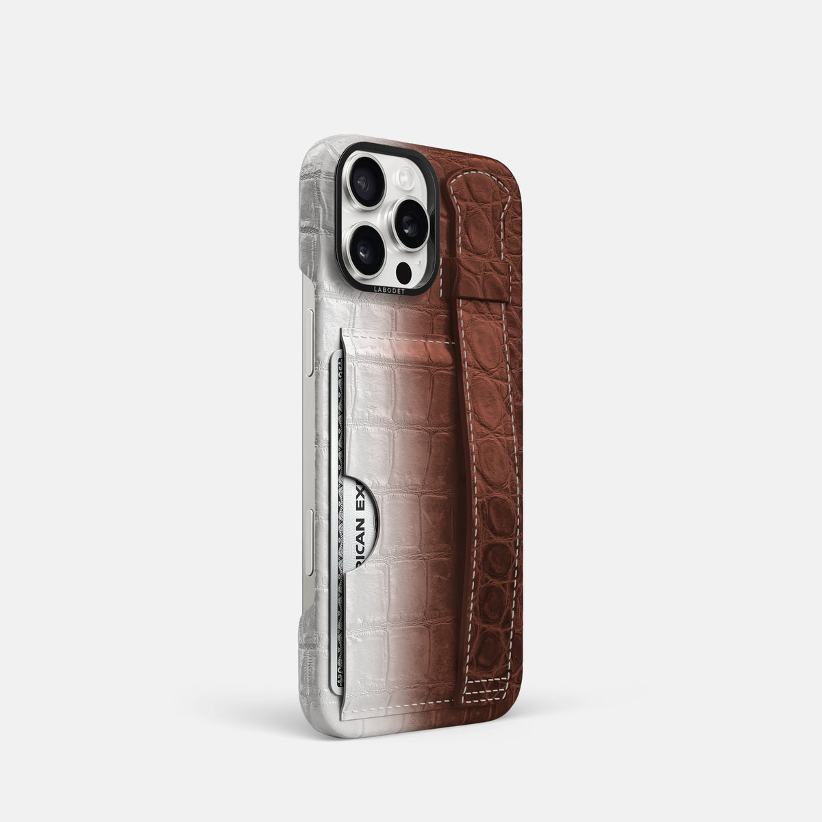 Dark Brown iPhone 16 Pro Cardholder Strap Himalayan Crocodile with Black Metal -2 | Dark-Brown-Black