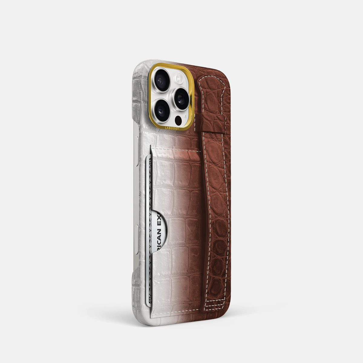 Dark Brown iPhone 16 Pro Cardholder Strap Himalayan Crocodile with Gold Metal -2 | Dark-Brown-Gold