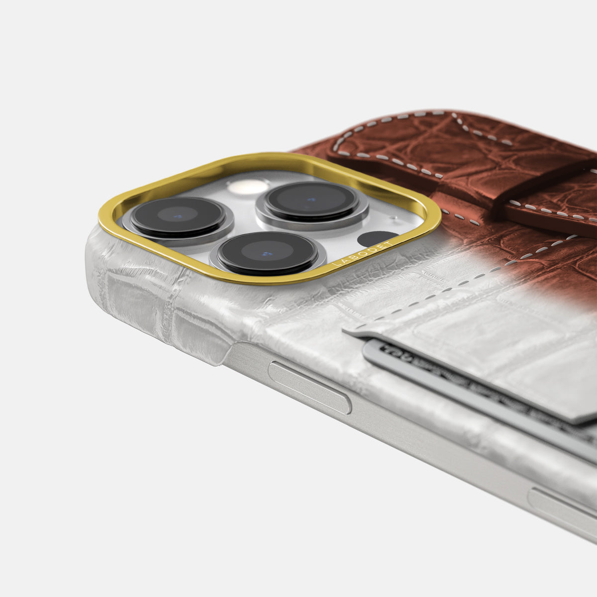 Dark Brown iPhone 16 Pro Cardholder Strap Himalayan Crocodile with Gold Metal -5 | Dark-Brown-Gold